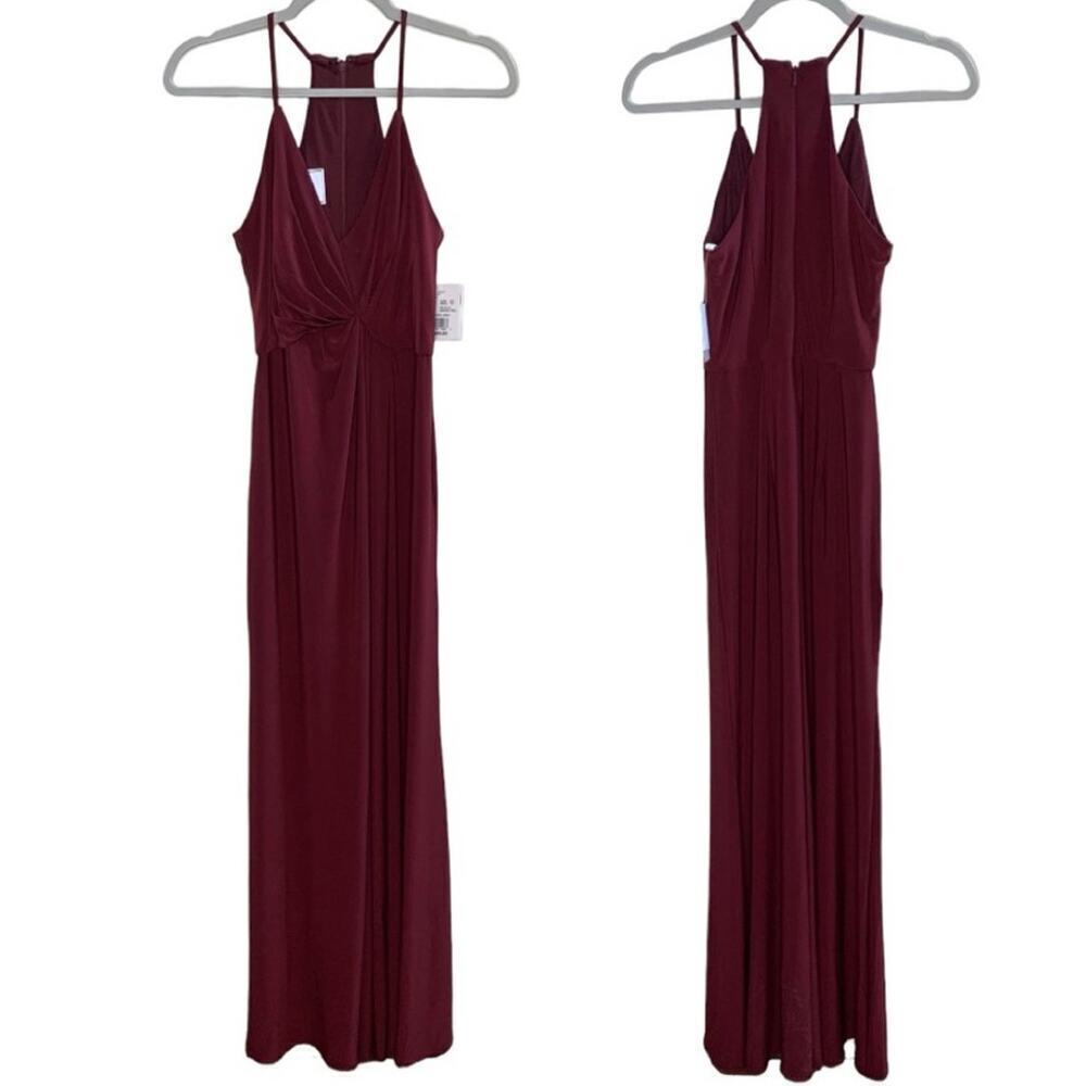 DB Studio Merlot Halter V-Neck Draped Jersey Maxi Dress with Side Slit – Size 2